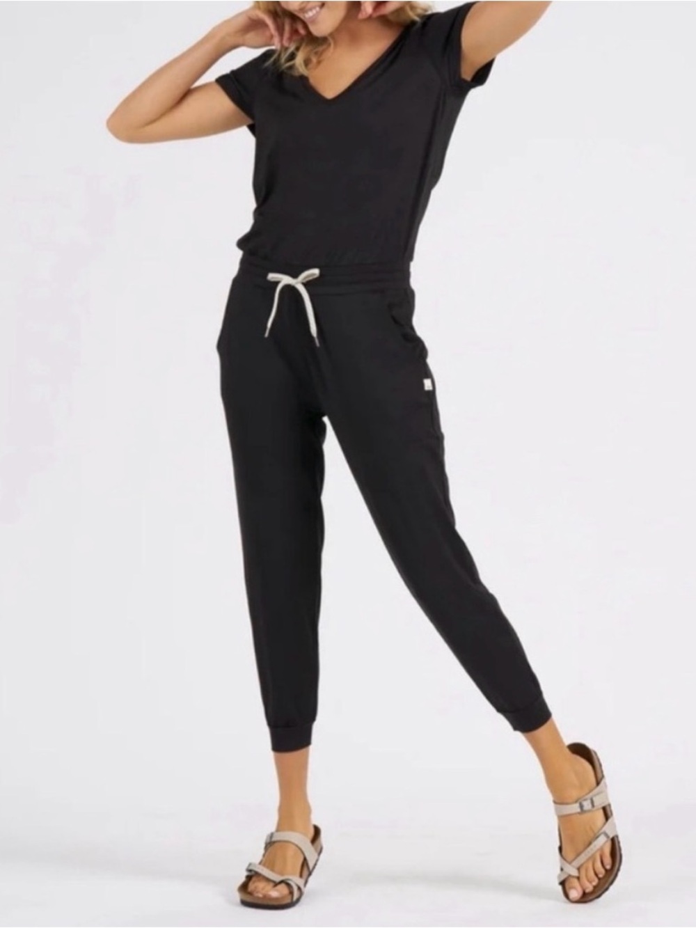 Women's Vuori All Day Short Sleeve Jogger Jumpsuit Black Drawstring - M Like New